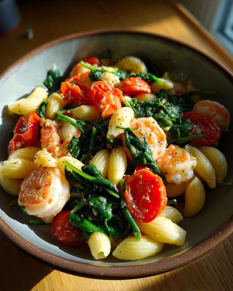 A close-up of Irresistible Tomato Spinach Shrimp Pasta in a bowl, featuring shrimp, spinach, cherry tomatoes, and pasta.