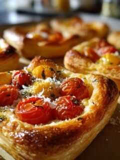 Close-up of irresistible tomato tartlets with puff pastry, topped with cherry tomatoes and grated cheese.
