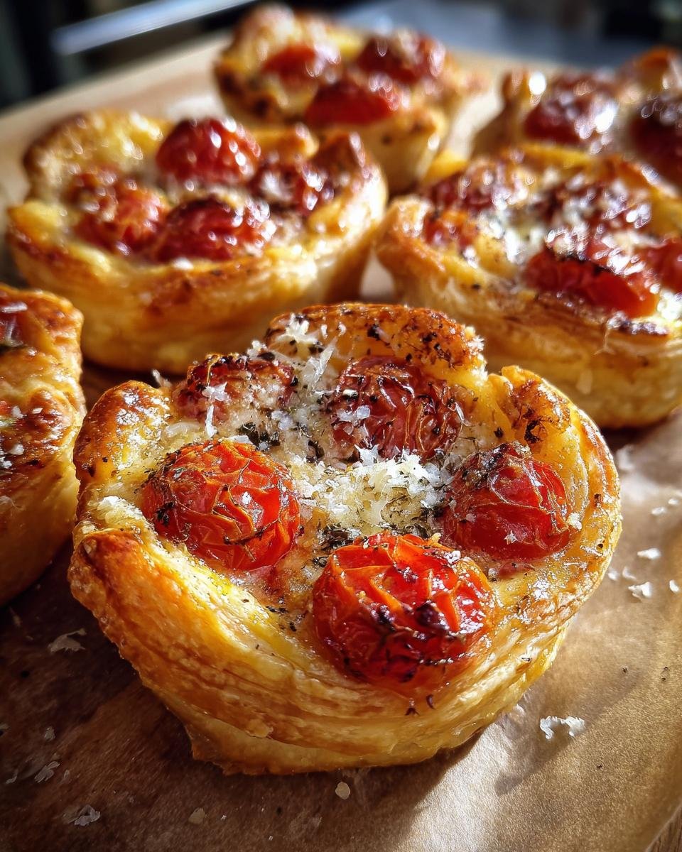 Close-up of irresistible tomato tartlets with puff pastry, topped with cherry tomatoes and grated cheese.