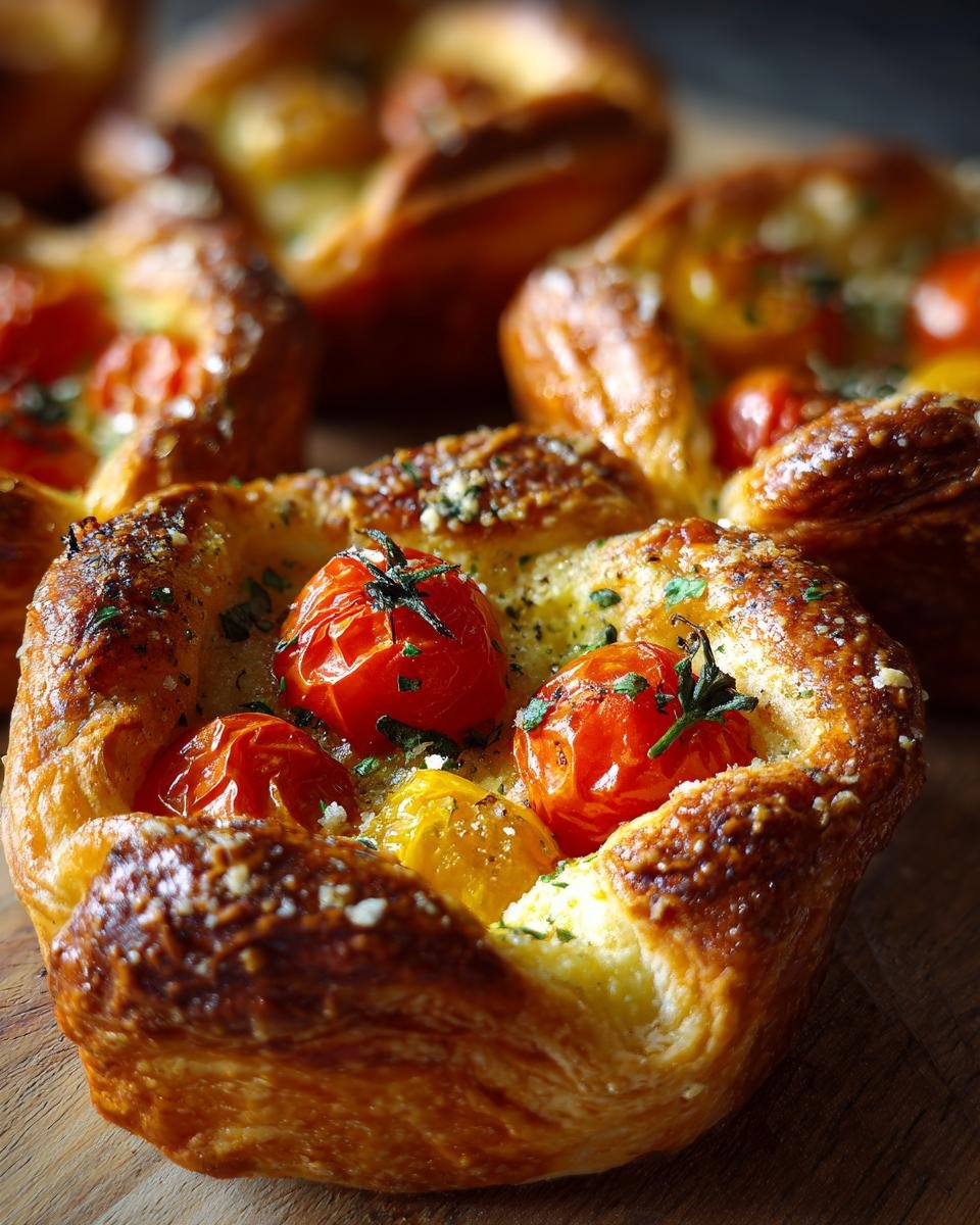 Close-up of an irresistible tomato tartlet with puff pastry, topped with cherry tomatoes and herbs.