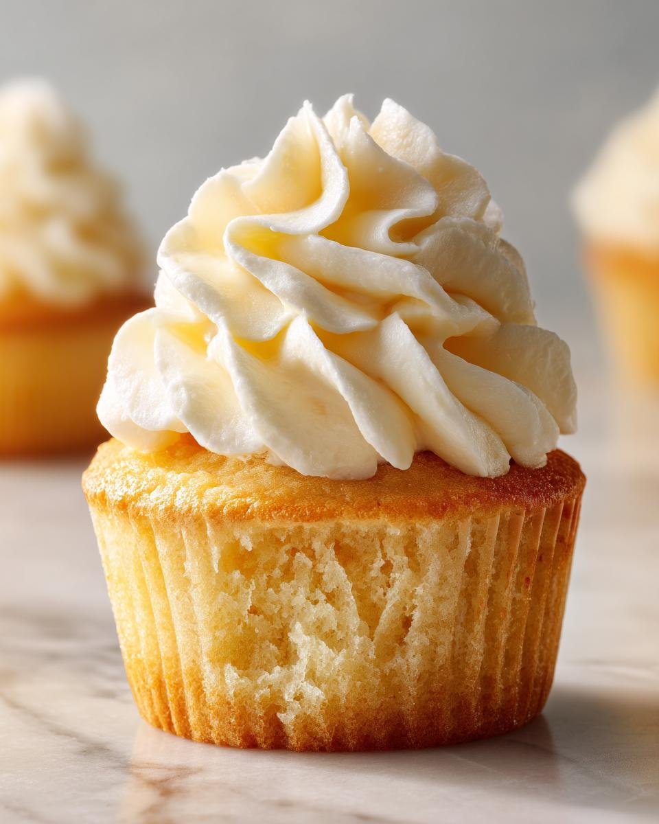 Close-up of an irresistible vanilla cupcake topped with fluffy, swirled vanilla frosting.
