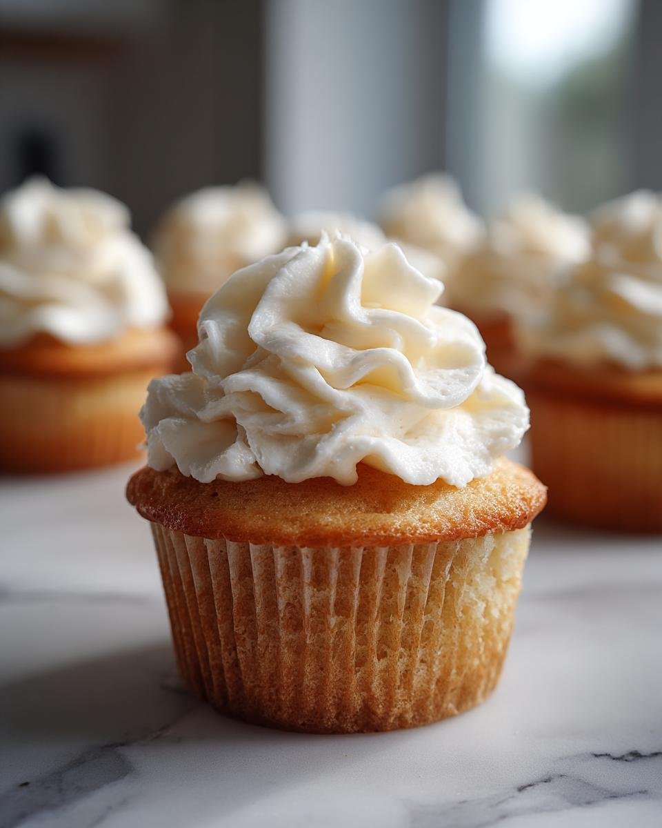 Close-up of an irresistible vanilla cupcake with fluffy white frosting, showcasing its golden-brown cake and delicate texture.
