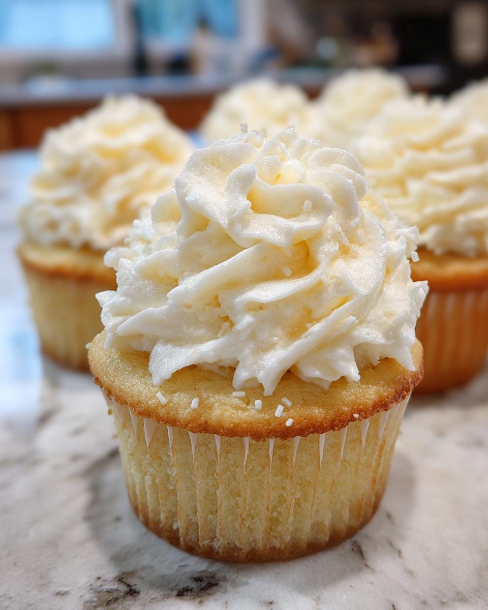 Close-up of an Irresistible Vanilla Cupcake topped with swirls of fluffy white frosting and a few sprinkles.