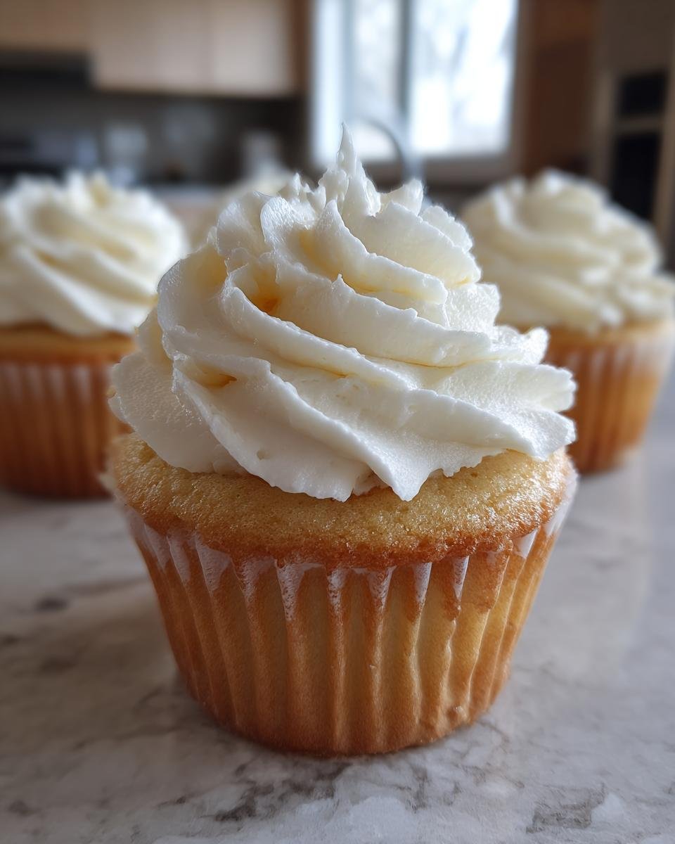 Close-up of an irresistible vanilla cupcake topped with fluffy white frosting, with more cupcakes blurred in the background.