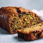 Close-up of a slice of Irresistible Zucchini Chocolate Chip Bread, showing moist texture and chocolate chips.