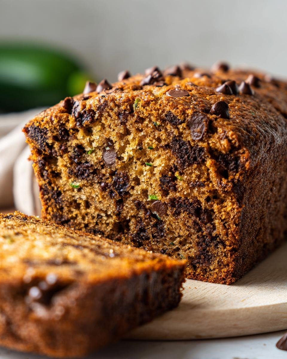 A close-up of a slice of Irresistible Zucchini Chocolate Chip Bread, showing moist crumb and melted chocolate chips.