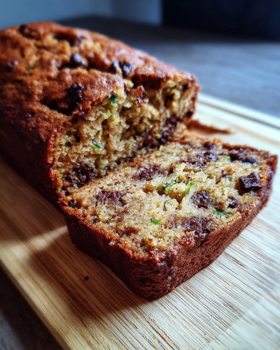 Close-up of a slice of Irresistible Zucchini Chocolate Chip Bread, showing chocolate chips and green zucchini shreds.