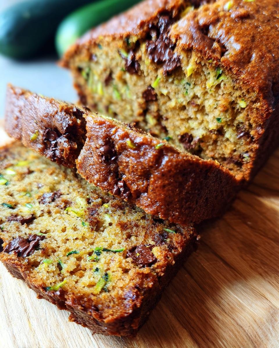 A close-up of a slice of Irresistible Zucchini Chocolate Chip Bread, showing moist crumb and chocolate chips.