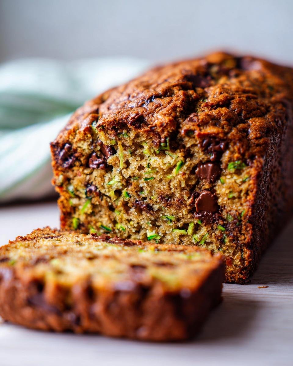 A close-up of an Irresistible Zucchini Chocolate Chip Bread Recipe loaf, with one slice cut.