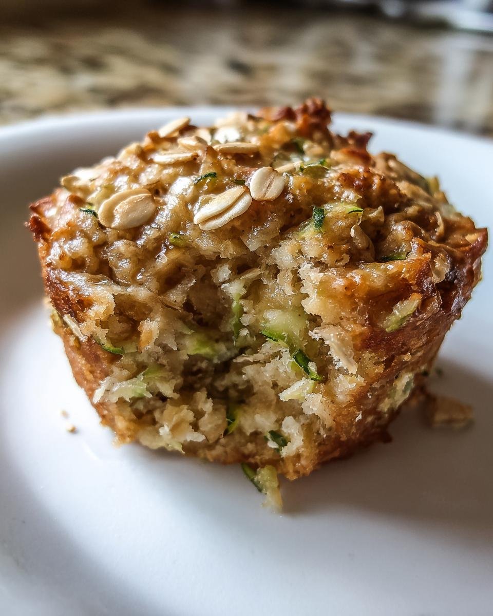 Close-up of an Irresistible Zucchini Oatmeal Muffin, showing shredded zucchini and oats baked into the moist crumb.
