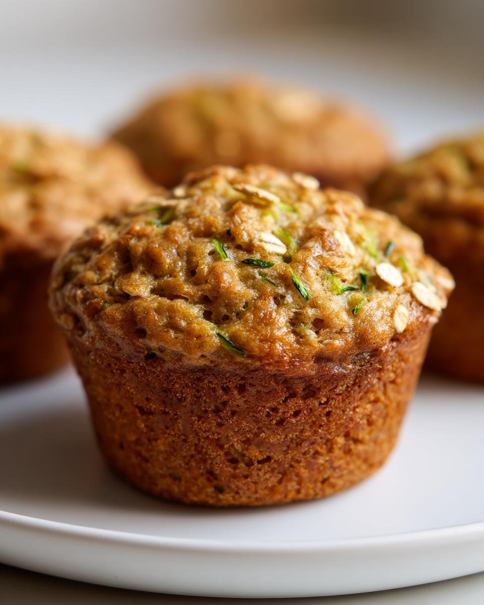 Close-up of an Irresistible Zucchini Oatmeal Muffin topped with oats and visible shreds of zucchini.