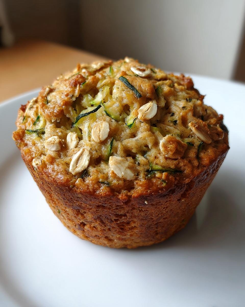 A close-up of an Irresistible Zucchini Oatmeal Muffin on a white plate, showing texture and oats.