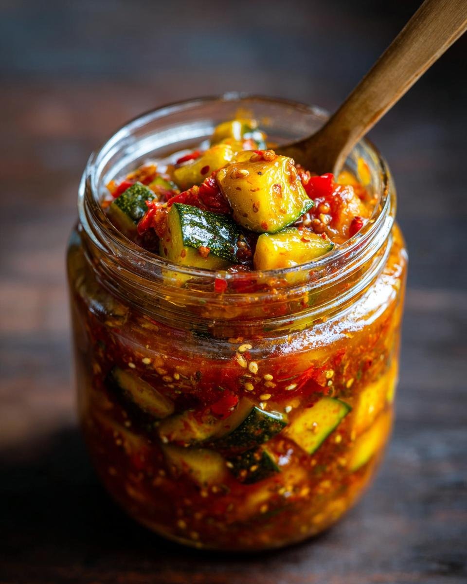 Close-up of a jar filled with Irresistible Zucchini Relish, showcasing chopped zucchini, peppers, and spices.