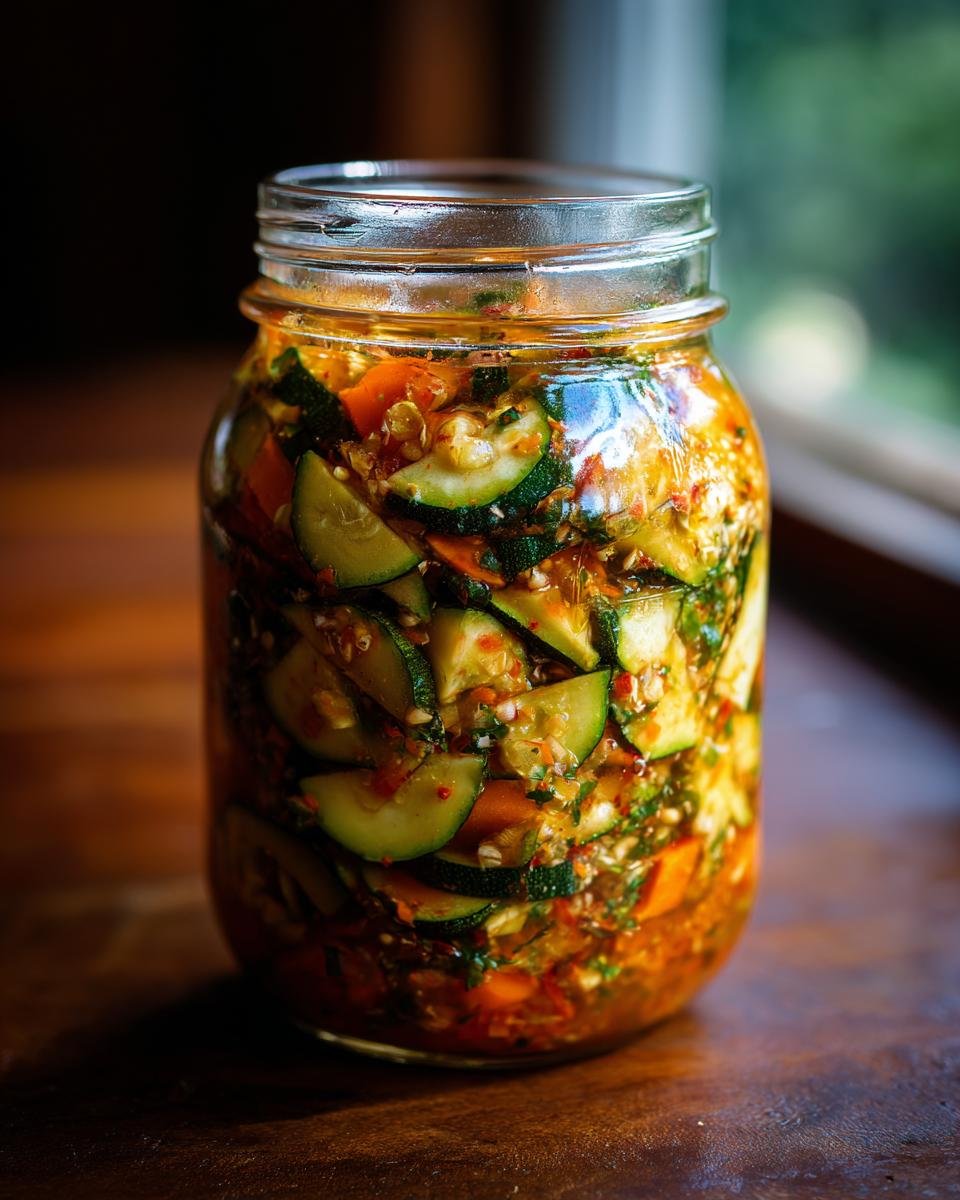 A glass jar filled with Irresistible Zucchini Relish Canning, featuring sliced zucchini, carrots, and spices in brine.