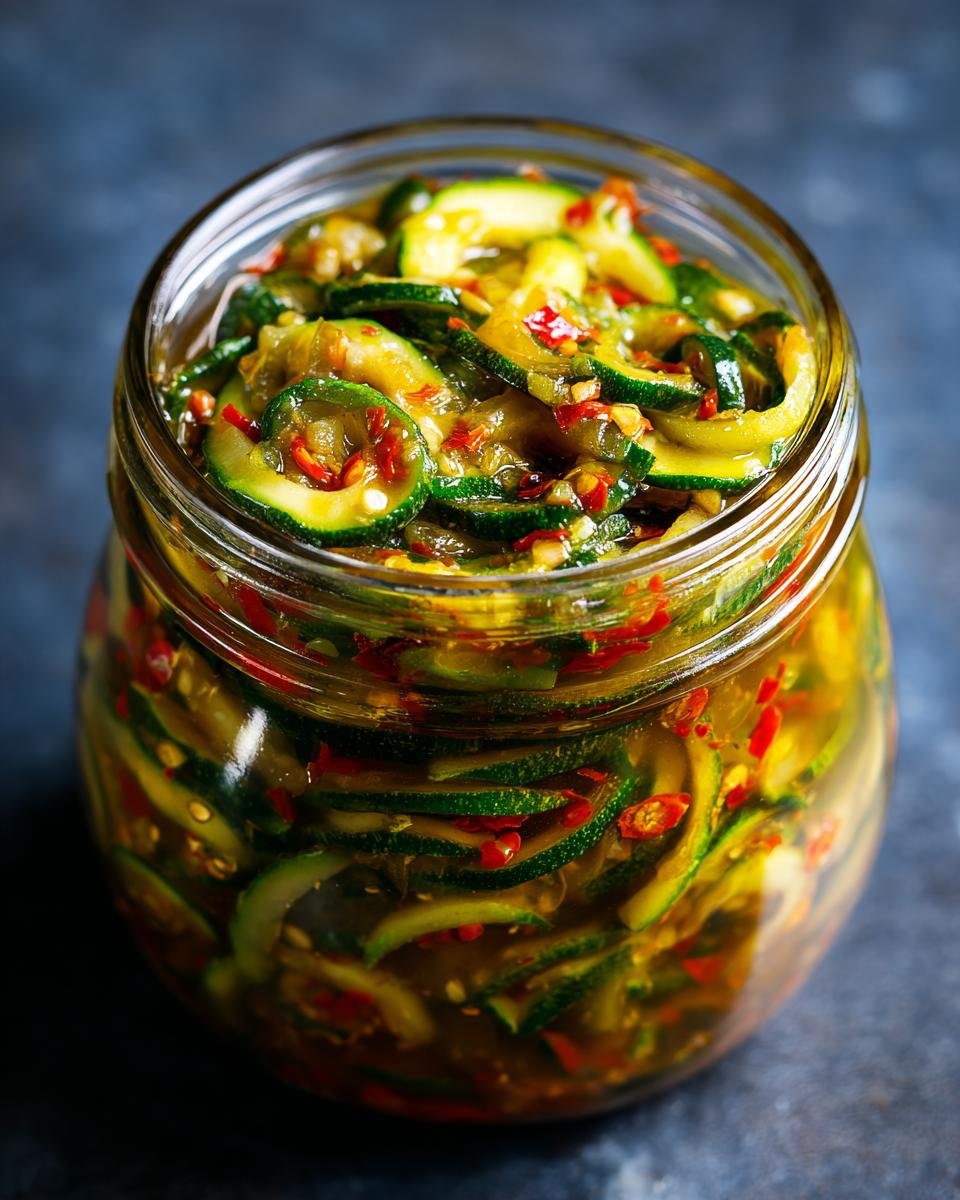 Close-up of a glass jar filled with Irresistible Zucchini Relish Canning, showing sliced zucchini and red chili flakes.