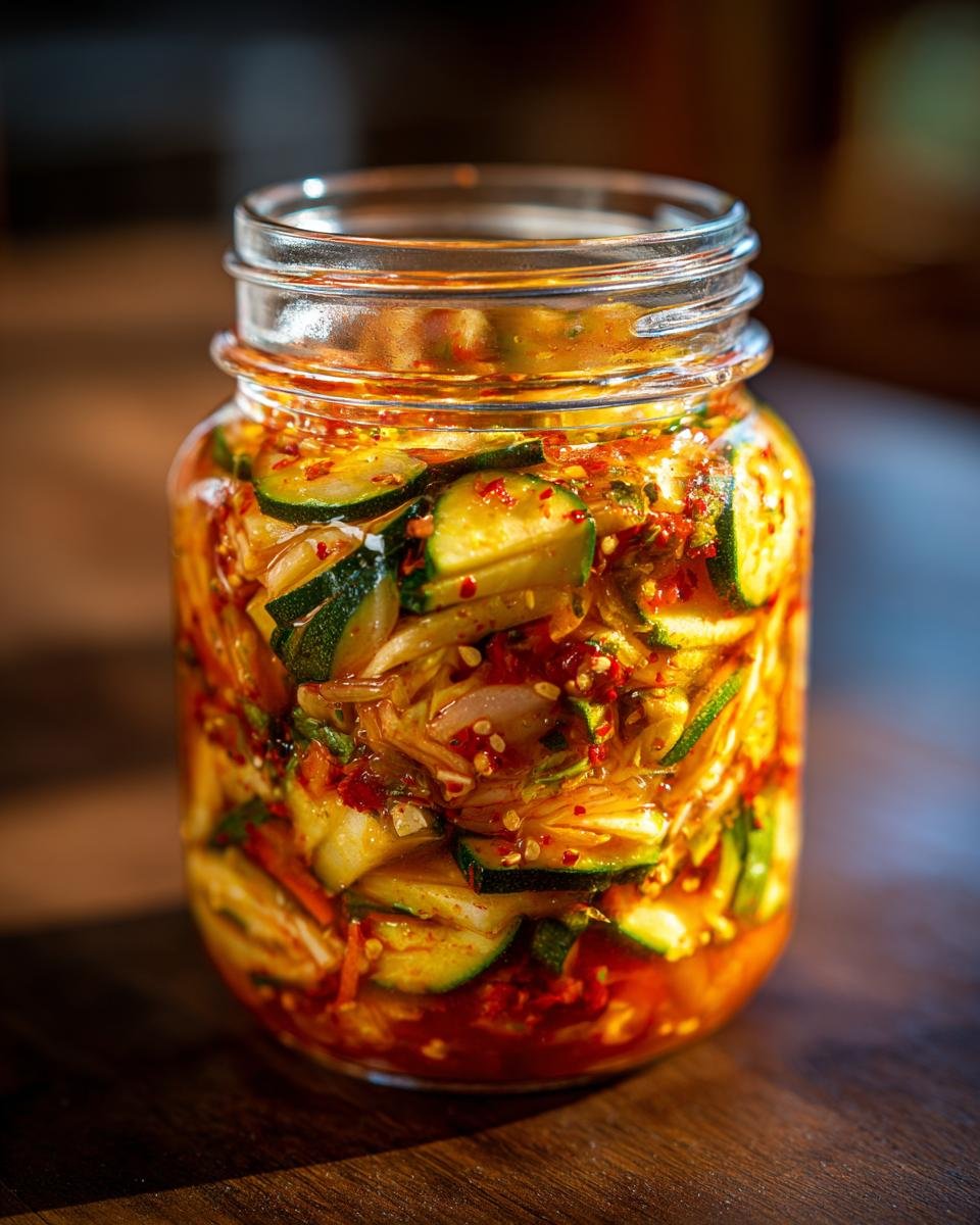 Close-up of a glass jar filled with Irresistible Zucchini Relish Canning, showing sliced zucchini, onions, and chili flakes in a vibrant sauce.
