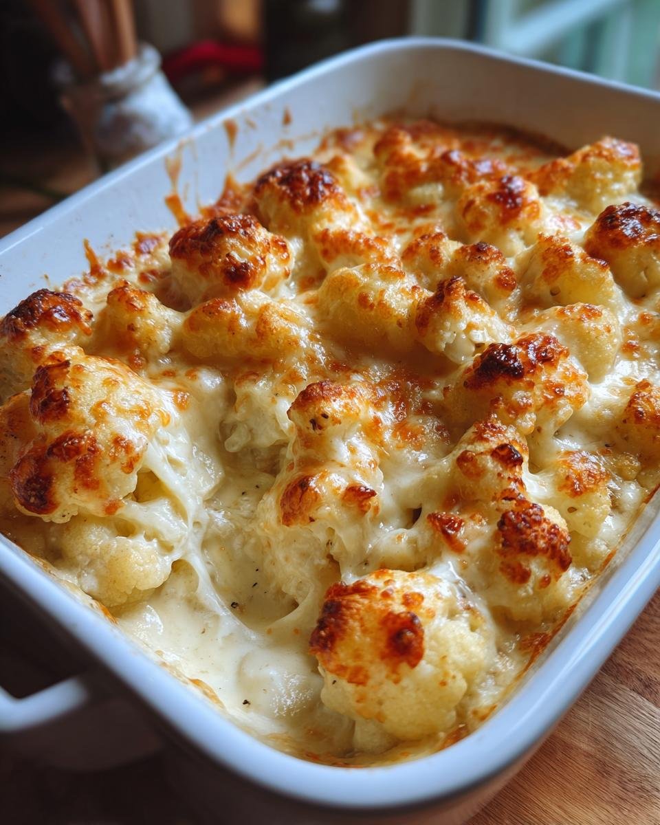 Close-up of a white baking dish filled with bubbly Keto Cauliflower Mac and Cheese, topped with golden-brown melted cheese.