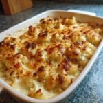 A close-up of baked Keto Cauliflower Mac and Cheese in a white baking dish, topped with melted, browned cheese.