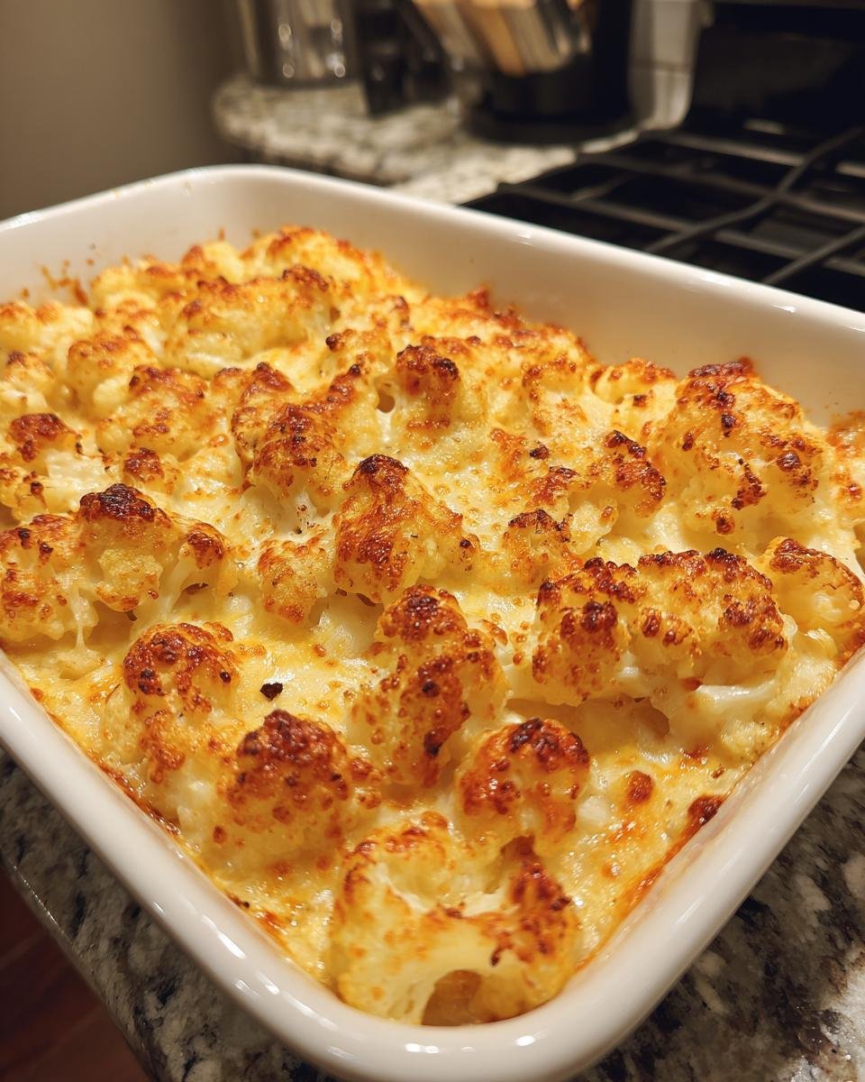 Close-up of bubbly, golden-brown Keto Cauliflower Mac and Cheese in a white baking dish.