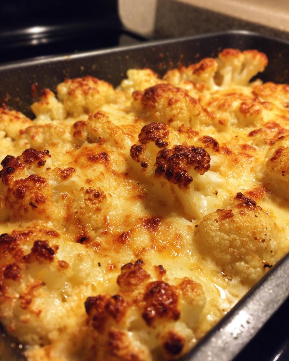Close-up of a bubbling Keto Cauliflower Mac and Cheese casserole with golden brown, cheesy topping.