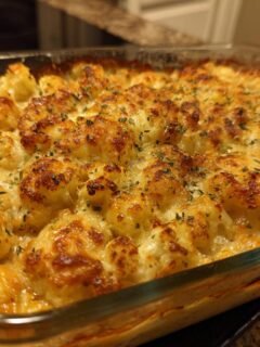 A close-up of a bubbling Keto Cauliflower Mac and Cheese casserole, topped with golden-brown cheese and herbs.