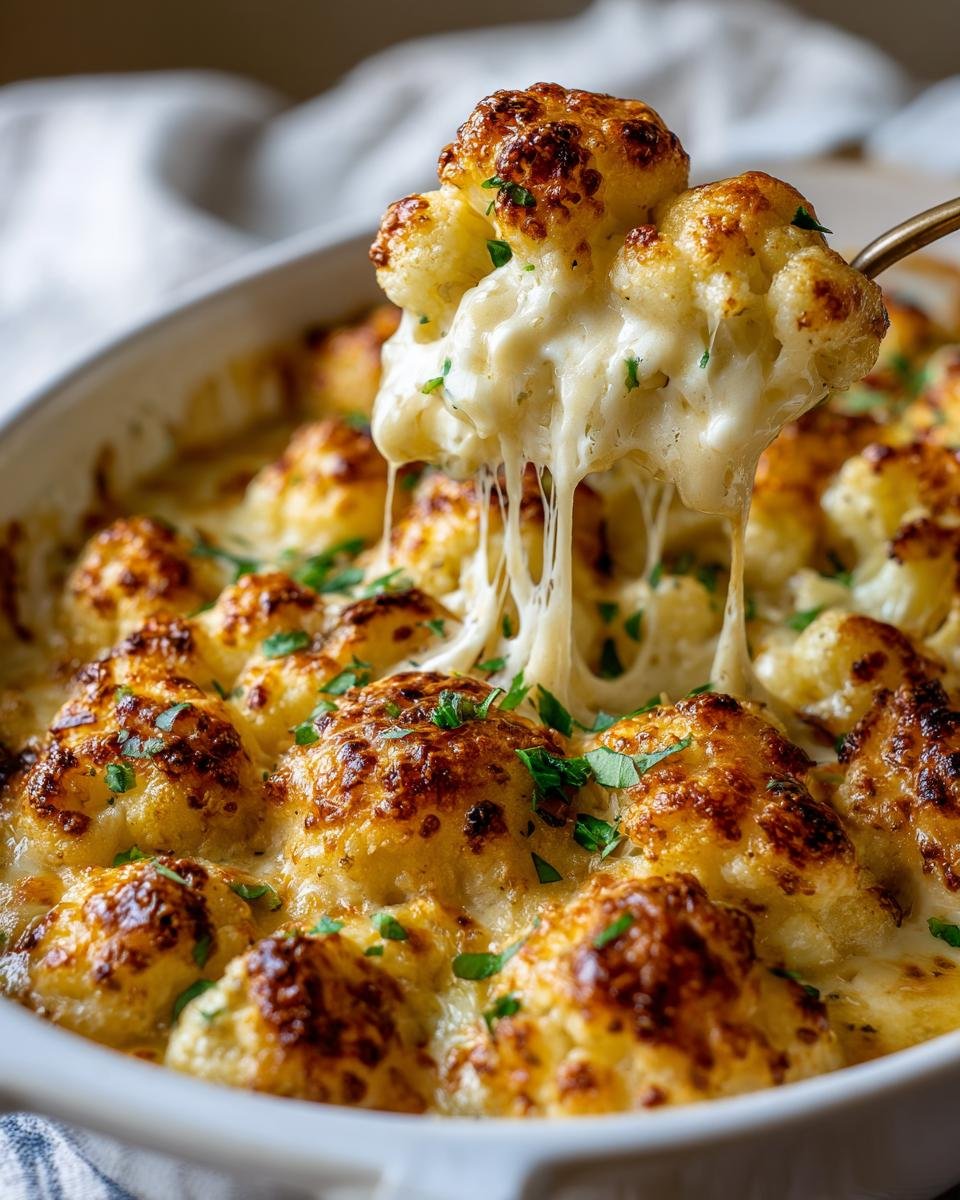 A serving spoon lifts a clump of Keto Cauliflower Mac and Cheese, showcasing stretchy melted cheese and golden-brown cauliflower florets.