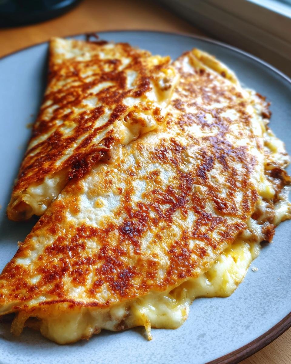 Close-up of a golden-brown Keto Cheeseburger Quesadilla, with melted cheese oozing out.