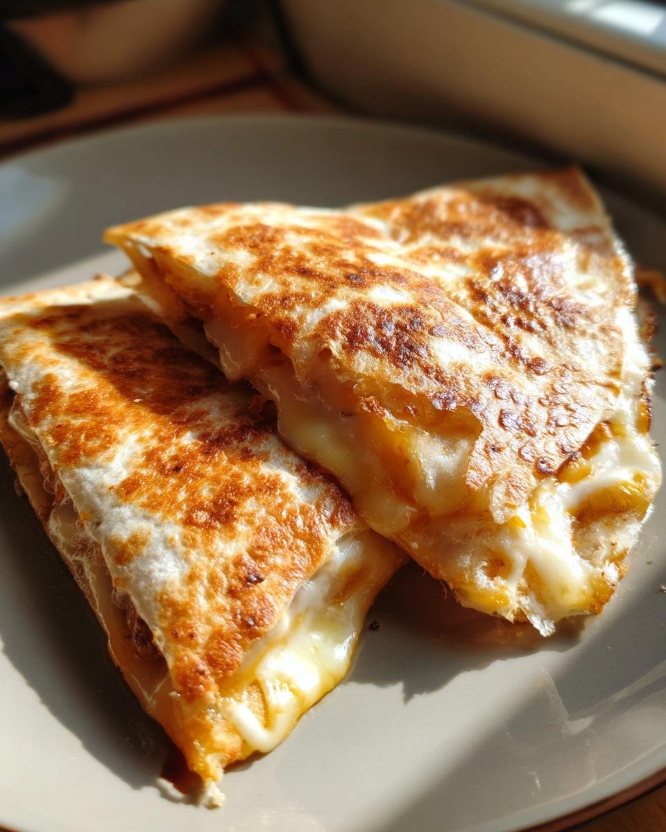 Close-up of two golden-brown Keto Cheeseburger Quesadillas, sliced in half, with gooey melted cheese oozing out.