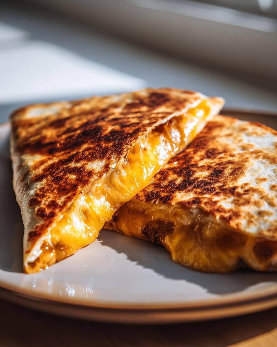 Close-up of two golden-brown Keto Cheeseburger Quesadillas with gooey melted cheese oozing out.