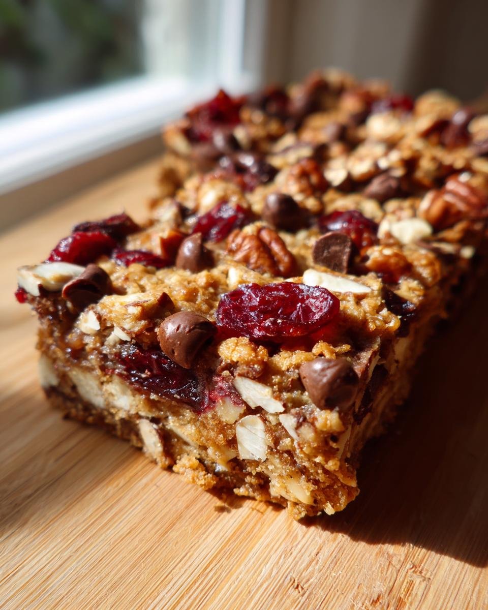 Close-up of a Keto Cranberry Pecan Magic Bar showing layers of oats, chocolate chips, pecans, and dried cranberries.