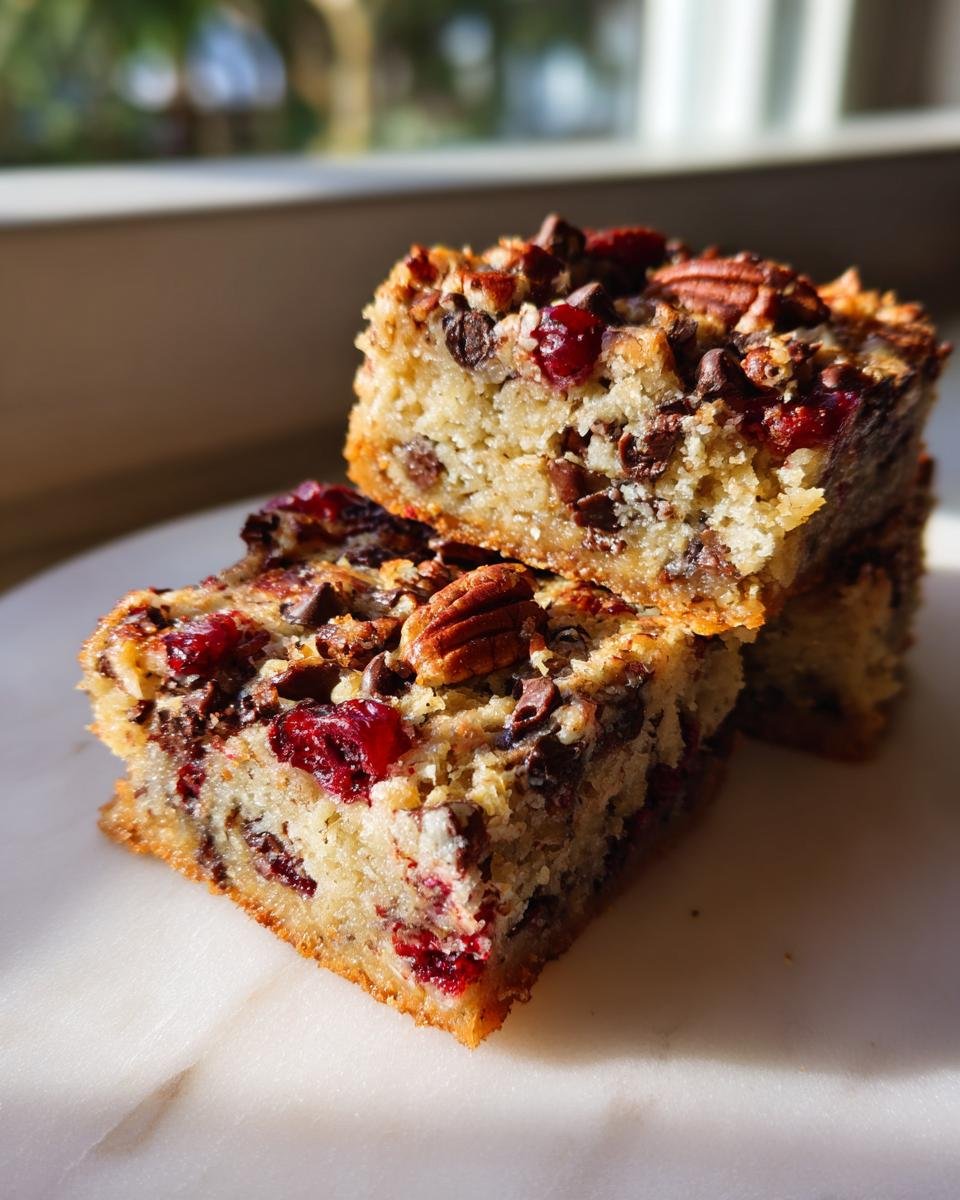 A stack of three delicious Keto Cranberry Pecan Magic Bars, showcasing chocolate chips, pecans, and cranberries.