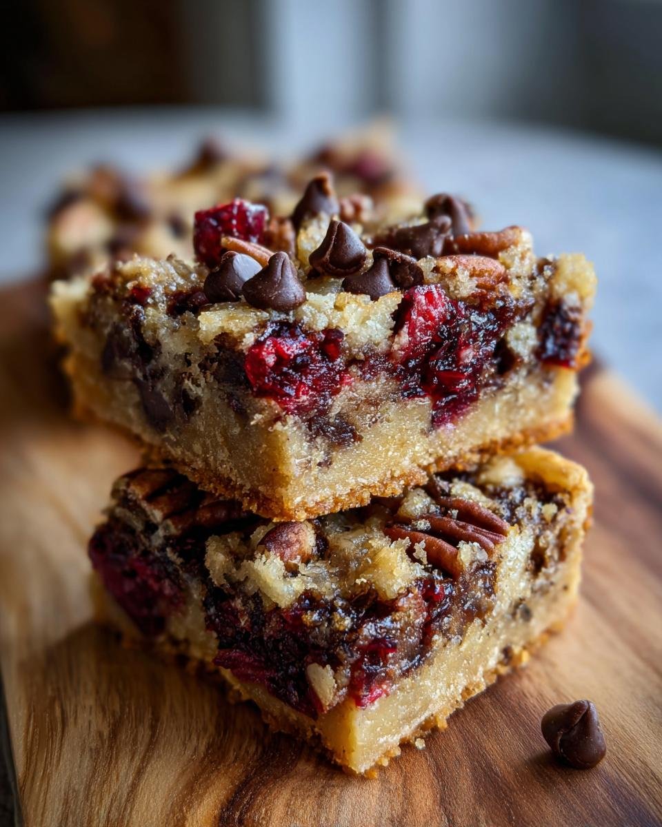Close-up of stacked Keto Cranberry Pecan Magic Bars, showing layers of chocolate chips, cranberries, and pecans.