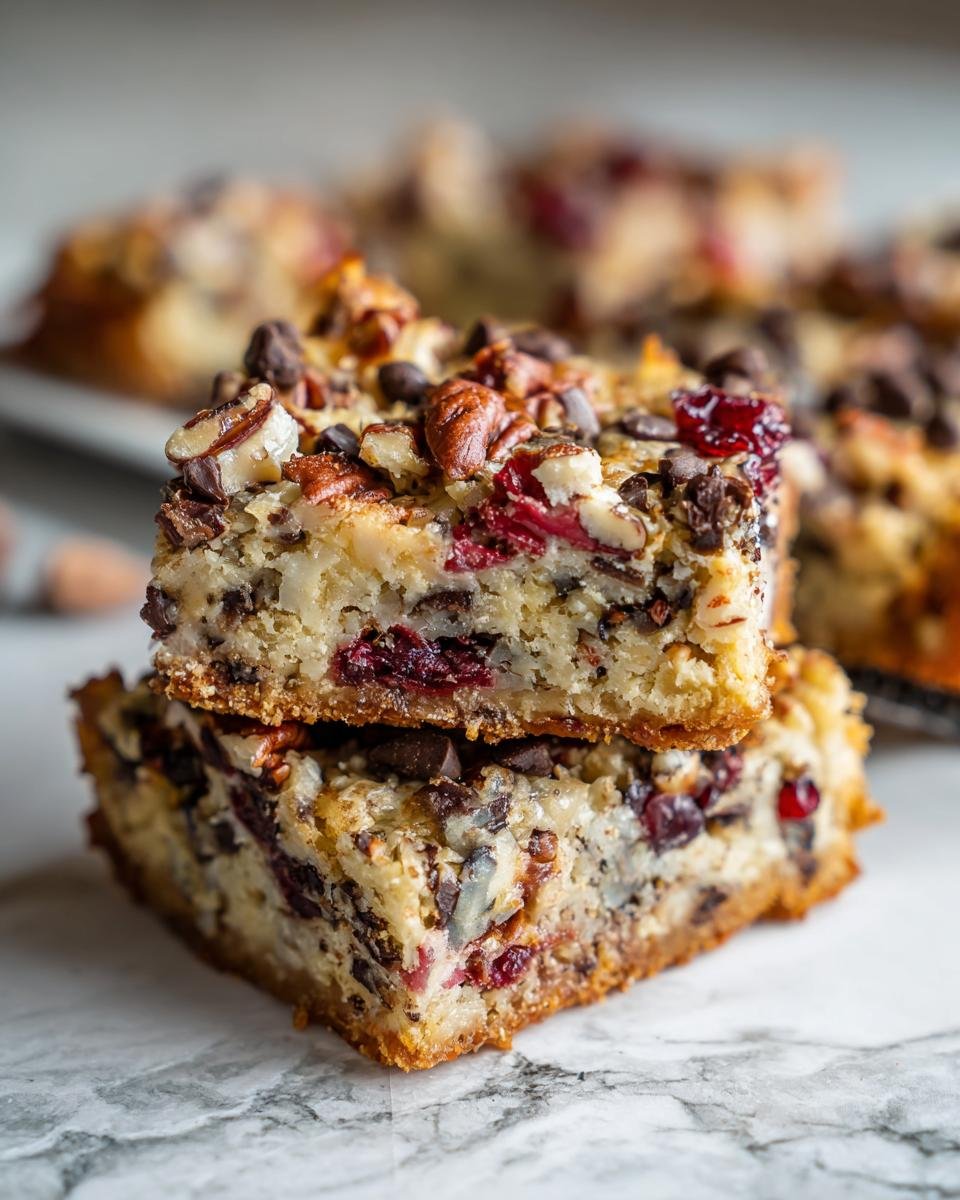A stack of two Keto Cranberry Pecan Magic Bars, showcasing layers of chocolate chips, pecans, and dried cranberries.