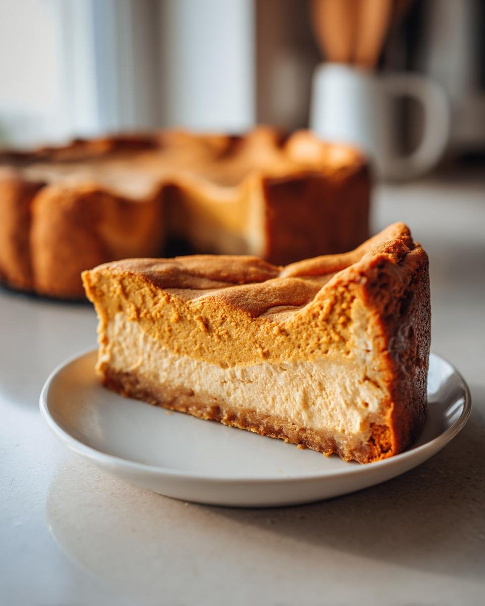 A slice of Irresistible Keto Pumpkin Cheesecake on a white plate, showing creamy layers and a golden crust.