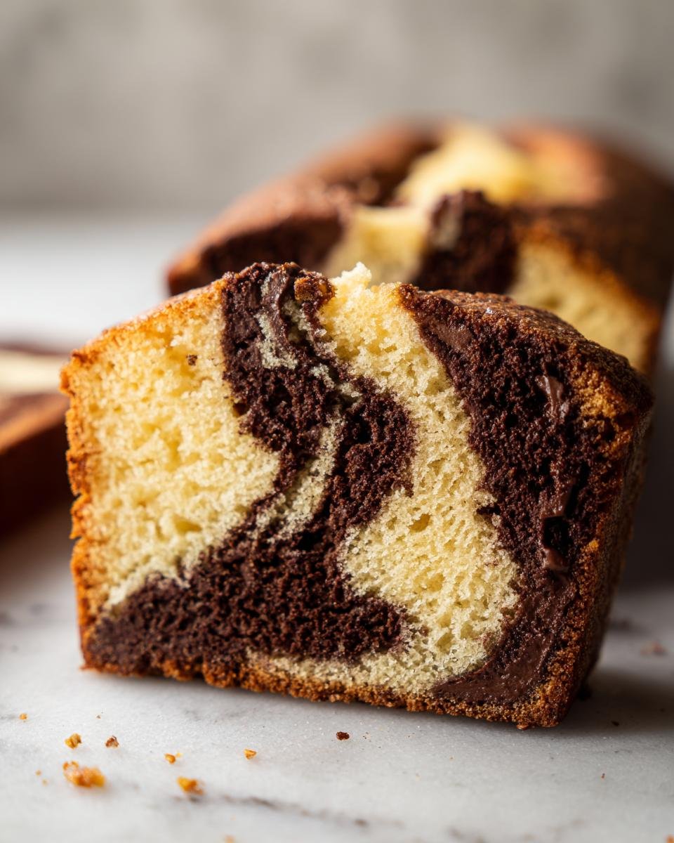 A close-up of a slice of moist Marble Cake, showcasing the distinct swirls of chocolate and vanilla batter.