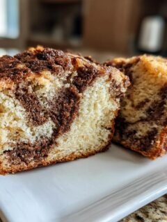 Two slices of a moist Marble Cake with a beautiful swirl pattern of chocolate and vanilla batter.