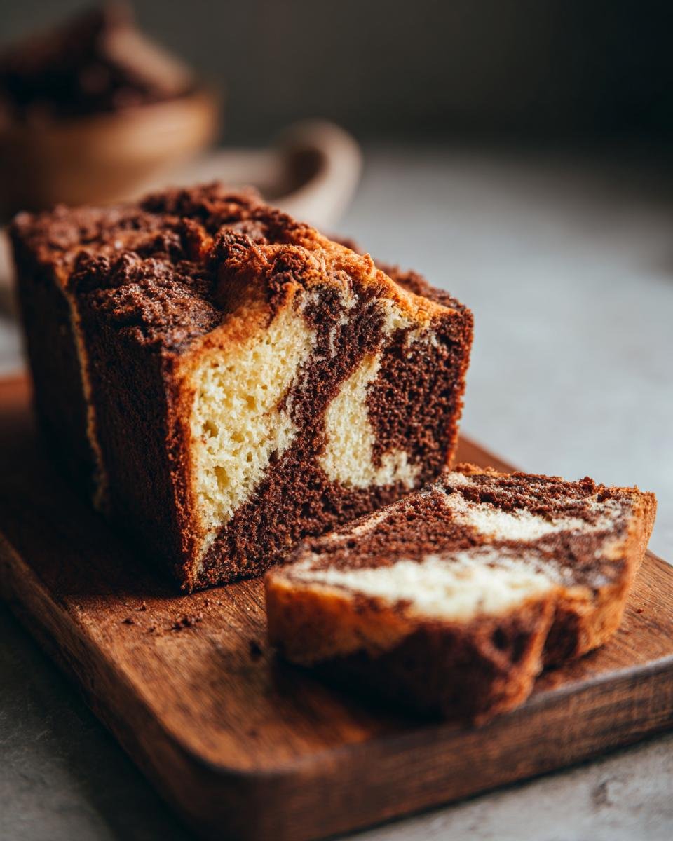 A slice of delicious Marble Cake with distinct chocolate and vanilla swirls on a wooden board.