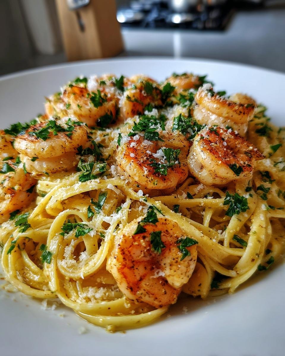 Close-up of Marry Me Shrimp Pasta, featuring linguine noodles coated in creamy sauce, topped with perfectly seared shrimp and fresh parsley.