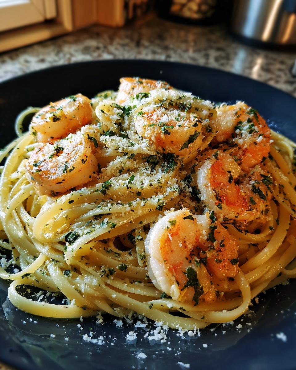 Close-up of Marry Me Shrimp Pasta, featuring linguine noodles topped with succulent shrimp and fresh parsley, dusted with Parmesan cheese.