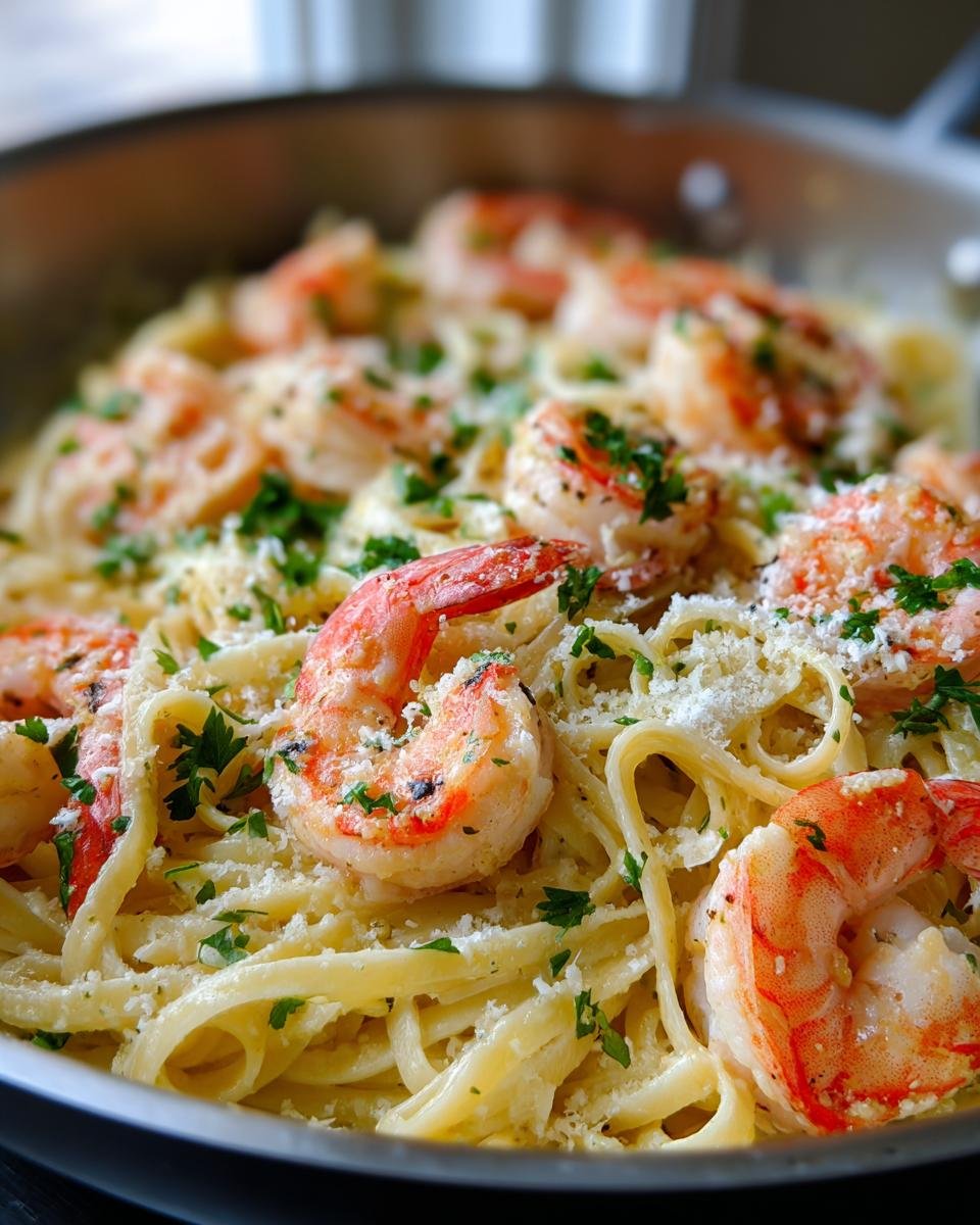 Close-up of Marry Me Shrimp Pasta, featuring fettuccine noodles, plump shrimp, and grated Parmesan cheese.