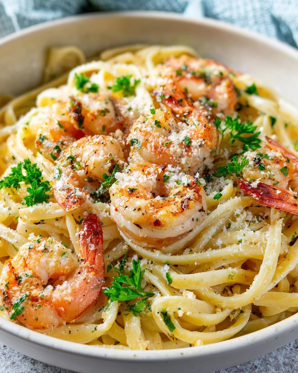 Close-up of Marry Me Shrimp Pasta, featuring fettuccine noodles, succulent shrimp, and fresh parsley.