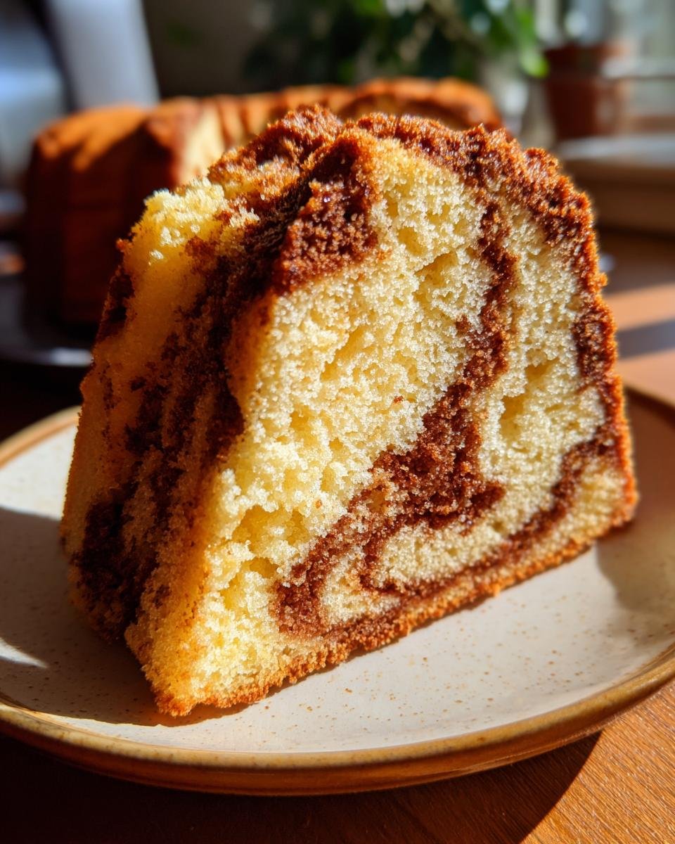 A slice of Mile High Sock It To Me Pound Cake with marbled chocolate and vanilla swirls on a plate.