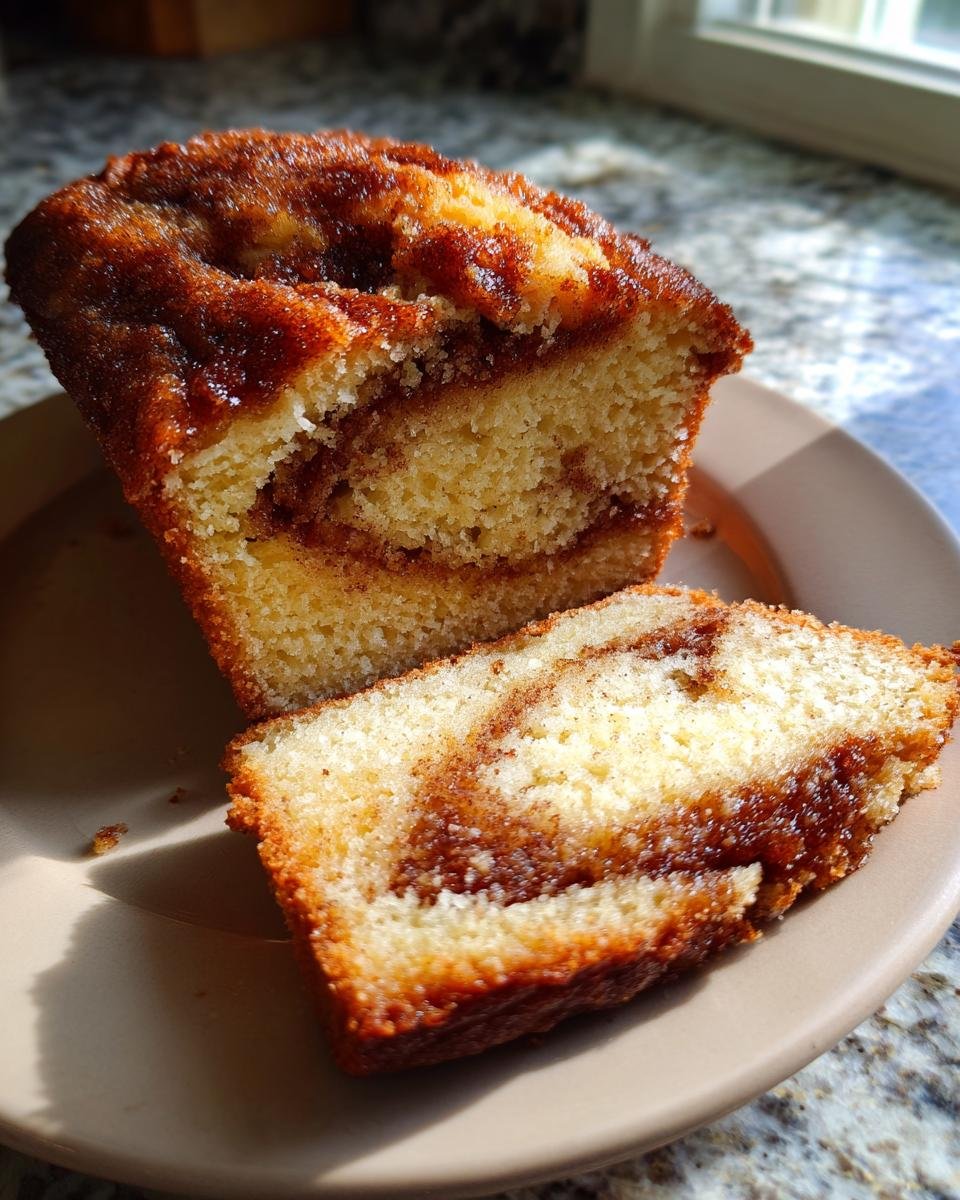 A close-up of a slice of Mile High Sock It To Me Pound Cake, revealing its moist crumb and cinnamon swirl.