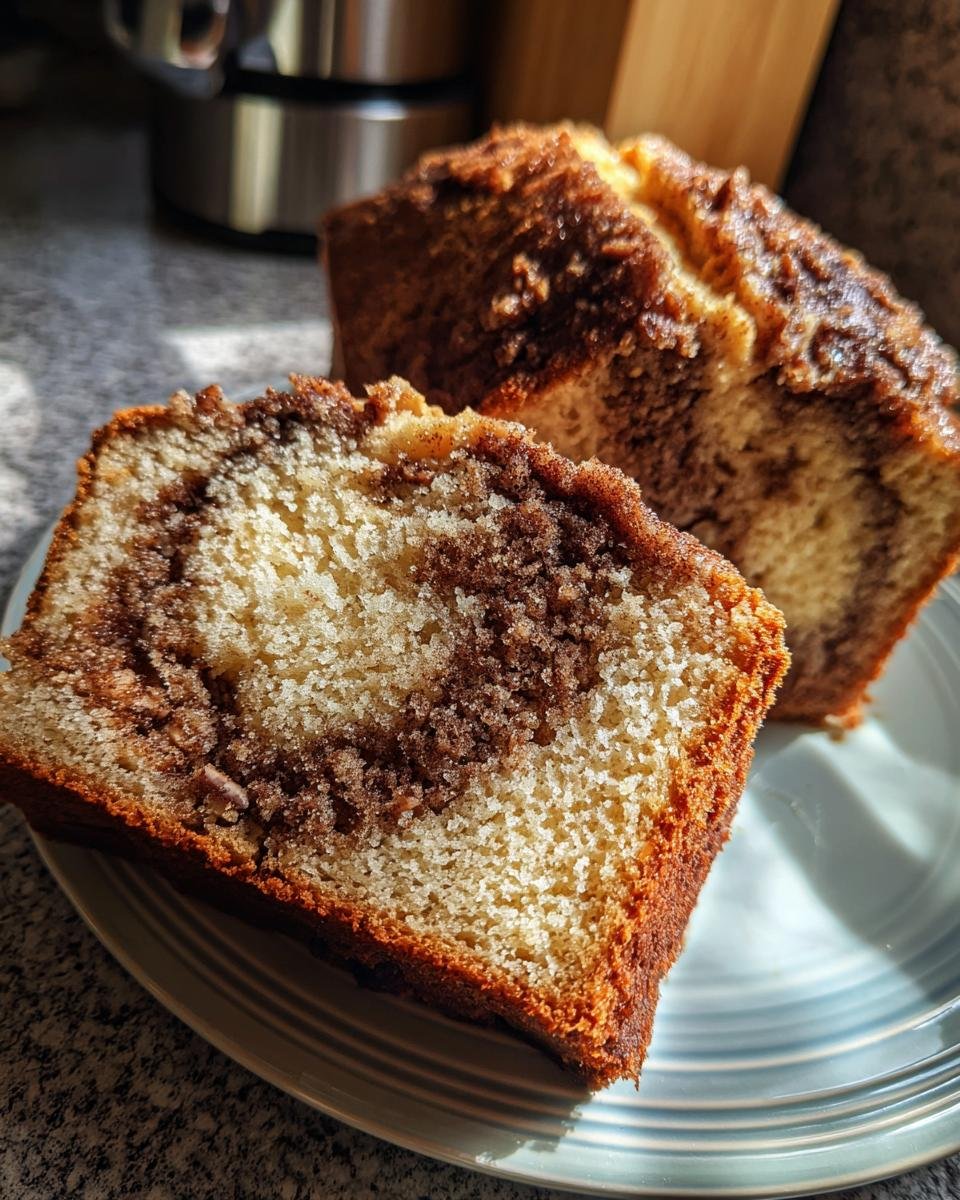 A close-up of a slice of Mile High Sock It To Me Pound Cake with a marbled swirl pattern.