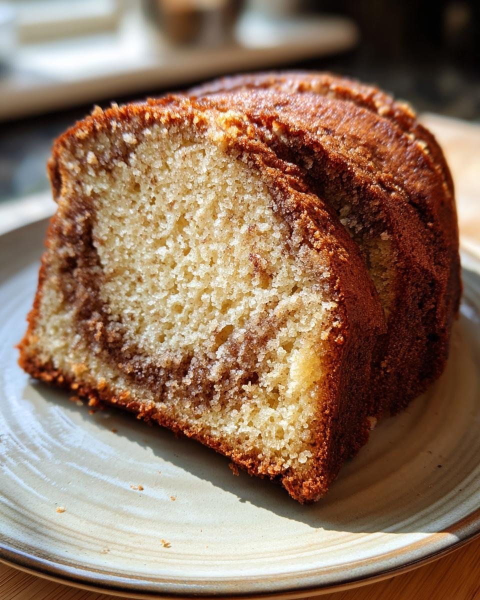 A close-up of a slice of Mile High Sock It To Me Pound Cake on a plate, showcasing the marbled cinnamon swirl.