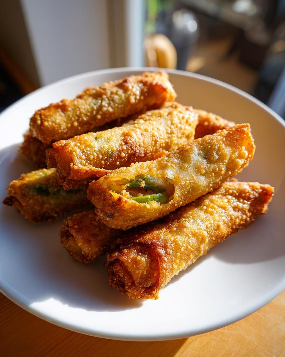 A pile of crispy, golden-brown Mini Jalapeño Popper Egg Rolls on a white plate, with one partially opened showing the filling.