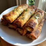 A stack of golden-brown Mini Jalapeño Popper Egg Rolls, garnished with chives, on a white plate.