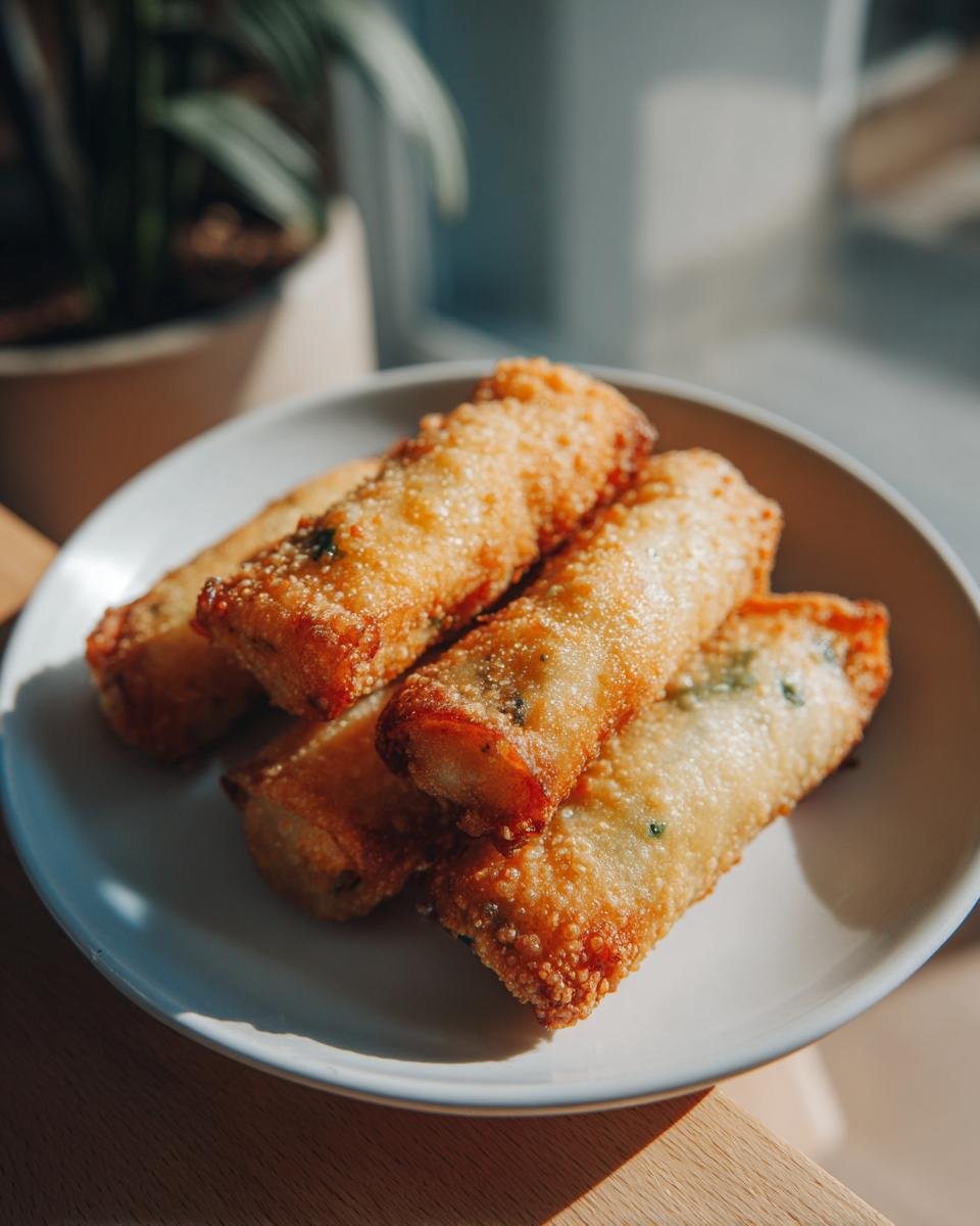 A plate of golden-brown, crispy Mini Jalapeño Popper Egg Rolls, ready to be enjoyed.