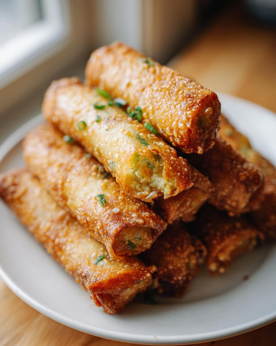 A stack of golden-brown, crispy Mini Jalapeño Popper Egg Rolls, garnished with chopped green onions.