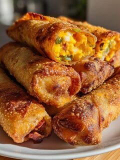 A stack of crispy Mini Jalapeño Popper Egg Rolls, with one cut open showing the cheesy, jalapeño filling.